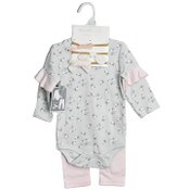 Wholesale - Pink/Light Blue/Floral Long Sleeve Bodysuit with Ruffles, Pants, and 3PK Headband Baby Apparel Set Shabby Chic C/P 48, UPC: 195010105132